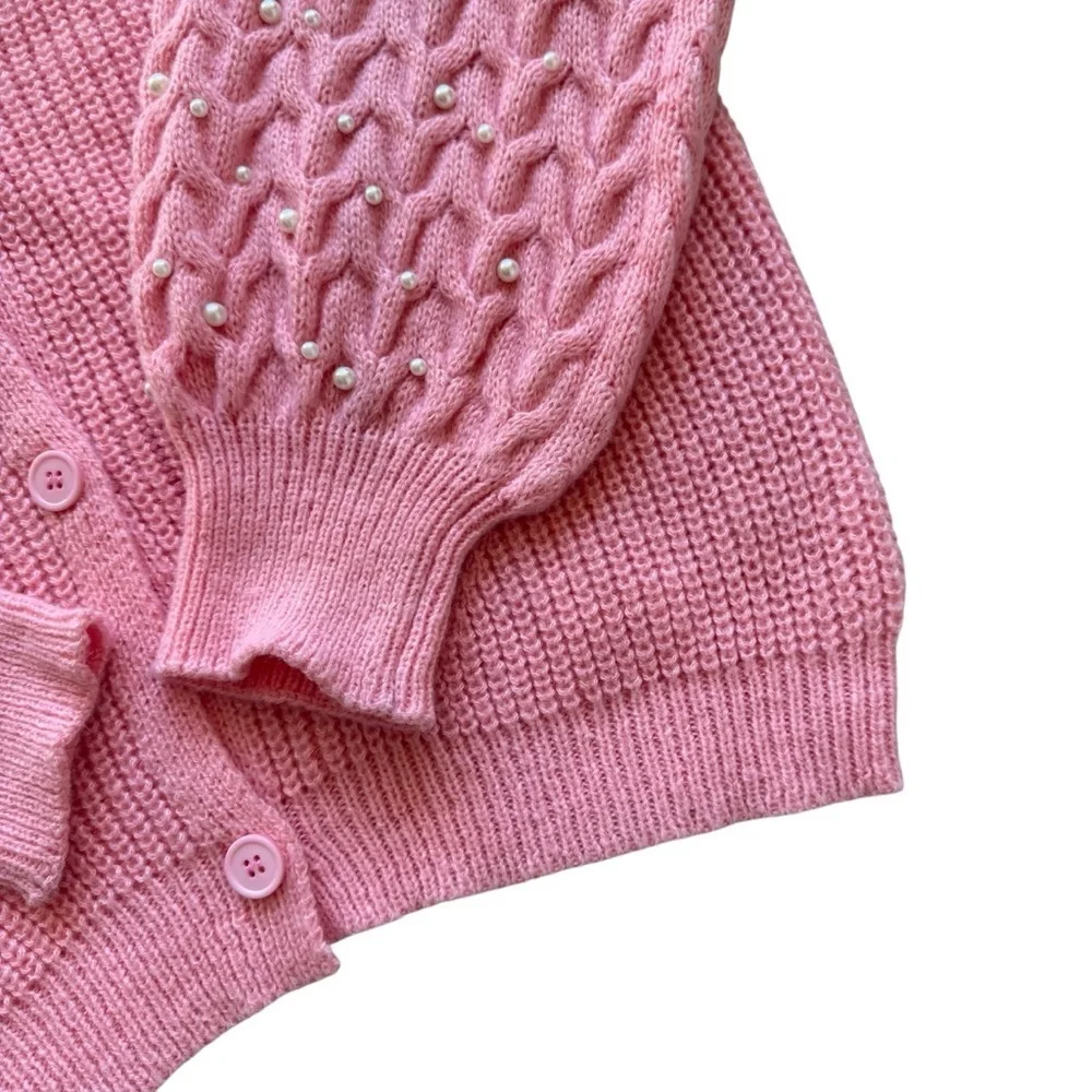 BiBi Women's Pink Pearl Beaded Cardigan Sweater Size L Balloon Sleeve Knit Cozy